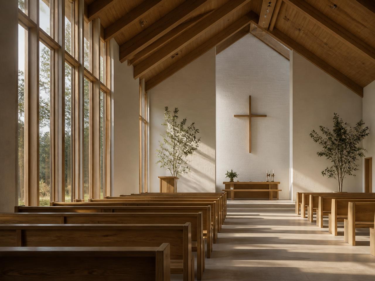 A simple wooden chapel interior filled with morning light