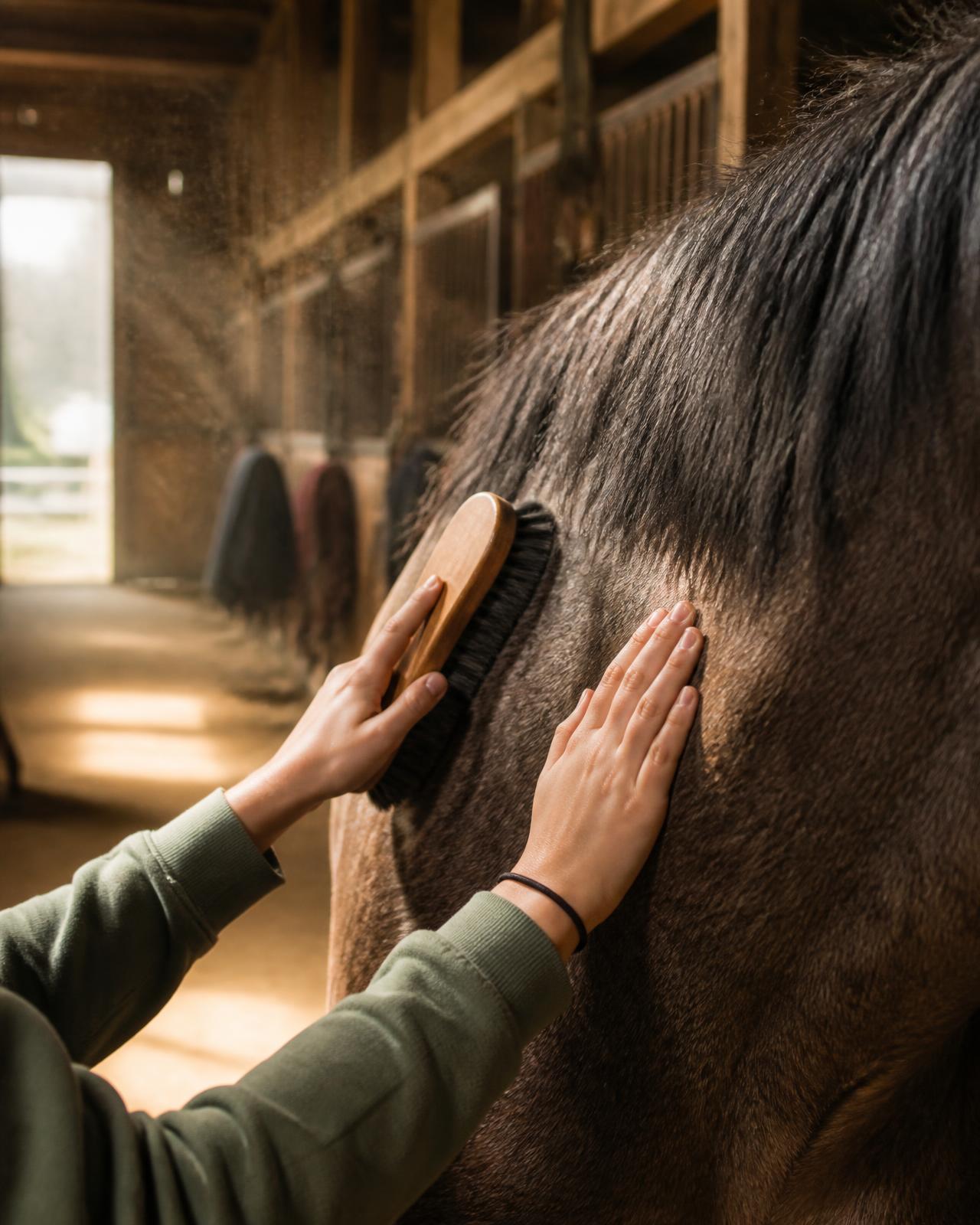 A teenager brushing a horse in a sunlit barn aisle