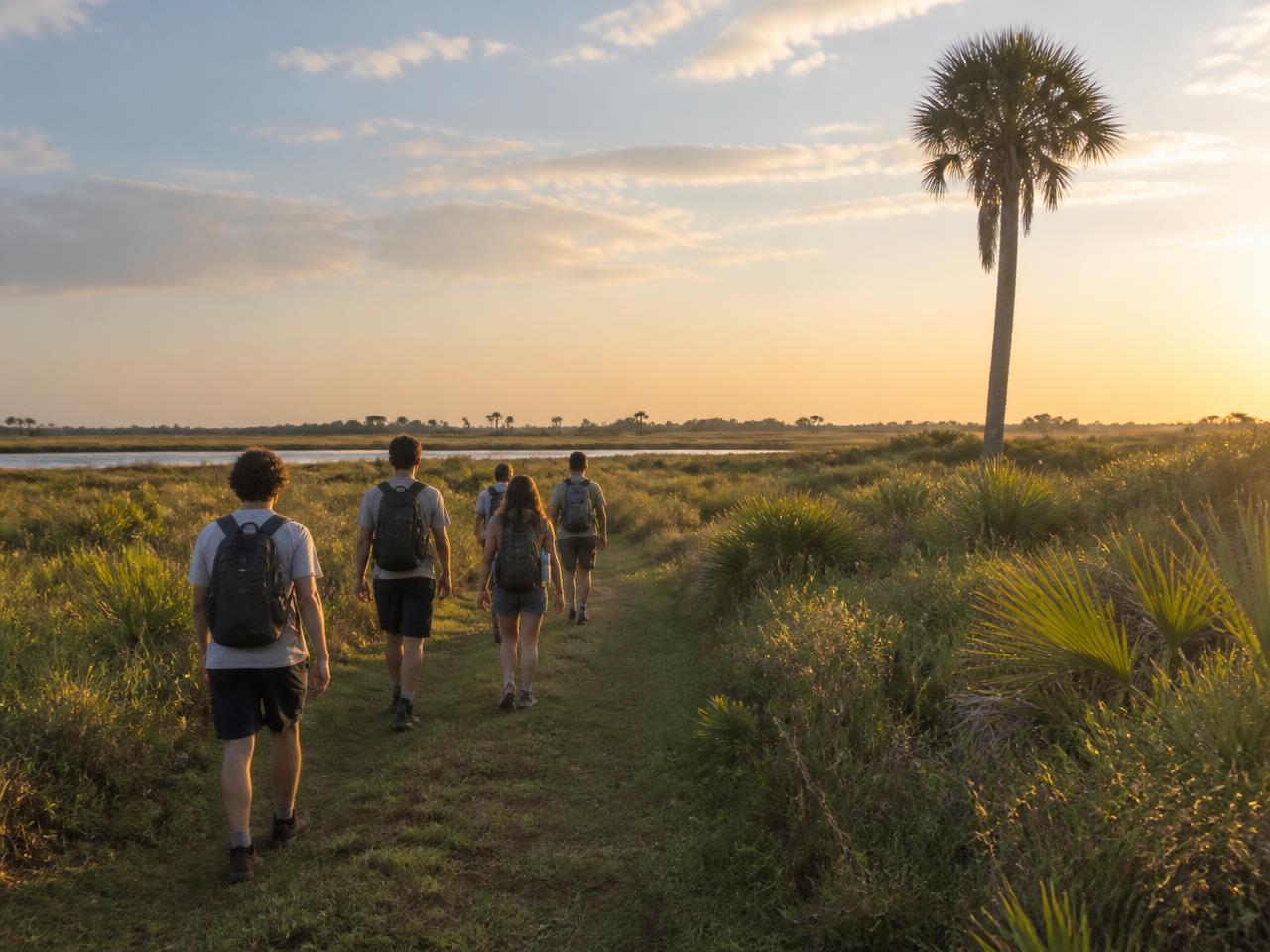 A small group hiking a grassy Florida trail at golden hour
